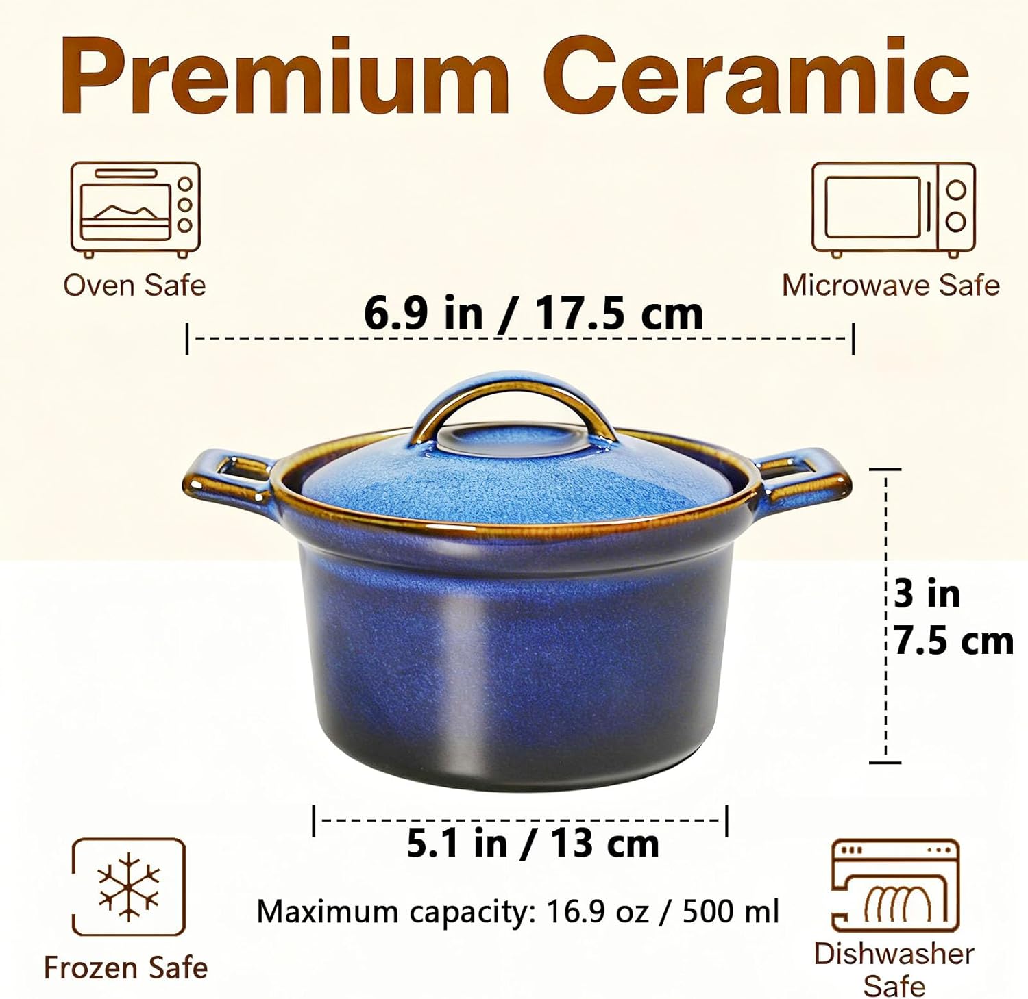 Mini Cocotte Set, Small Casserole Dishes with Lids & Handle, 16.9 OZ Ceramic Mini Dutch Oven Set of 2, Individual Baking Ramekins for Baking, Lasagna, Soufflé, Soup, Oven Microwave Safe (Blue)