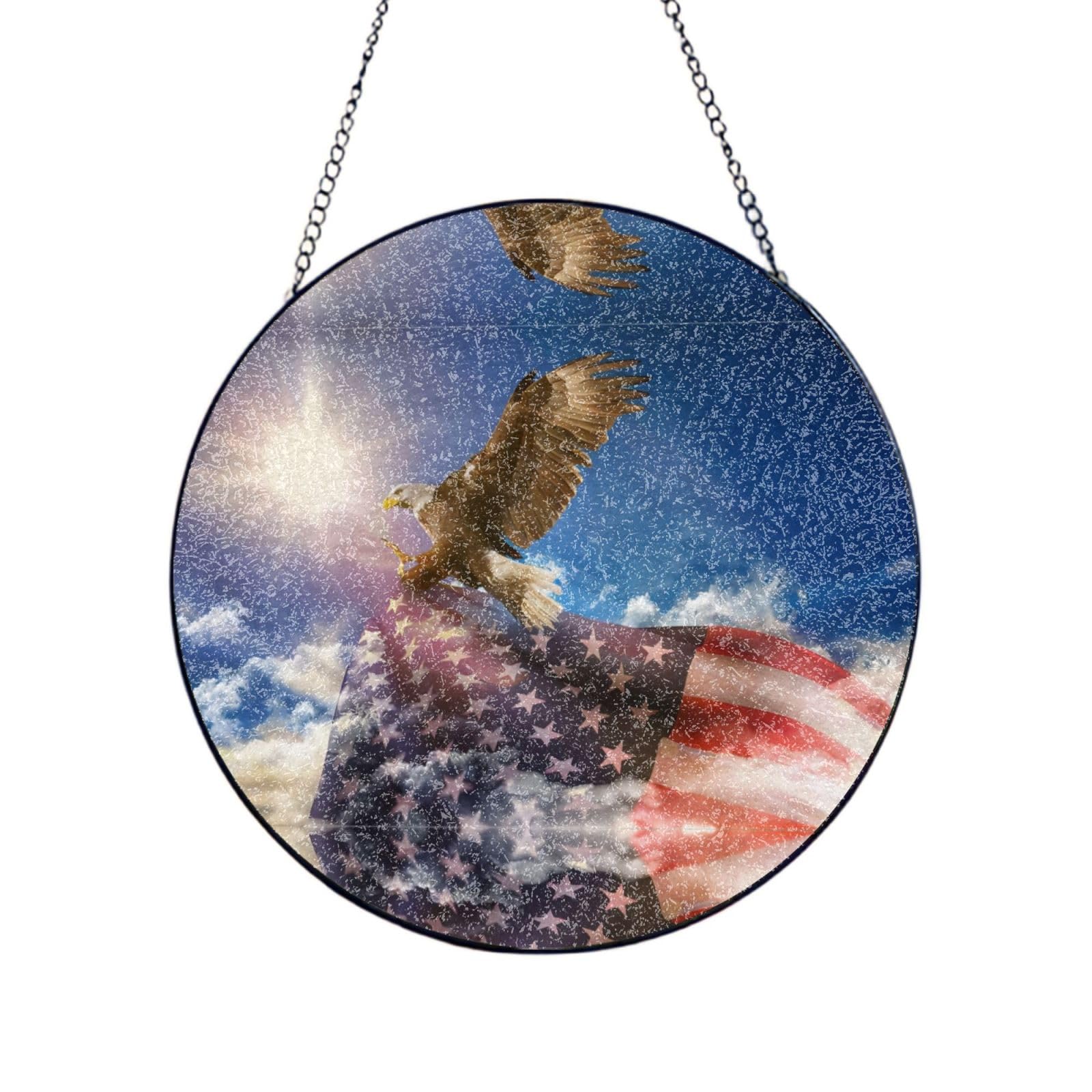 Phayah American Usa Flag Eagle Art Print Glass Window Hanging Sun Catchers Suncatcher Decor For Birthday For Home Garden Porch 8in（20cm）
