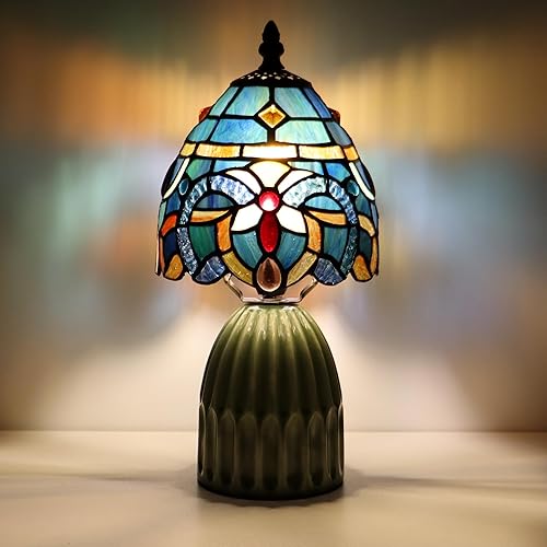 Miniatura 10 de Tiffany Lamp Stained Glass Mushroom Table Lamps 6X6X12.5 Inch Sea Blue Peacock Tail Style Small Night Light Ceramic Base Mini Accent Desk Light Sea