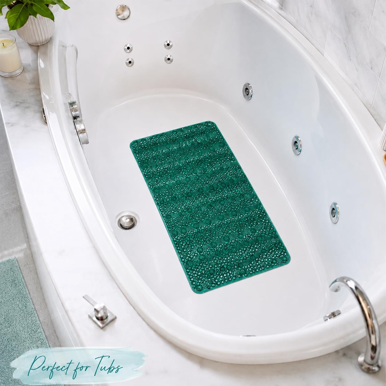 Velvet Grass Bath Mat 27 x 15 Anti Slip Suction Cup Tub Mat (Teal Green)