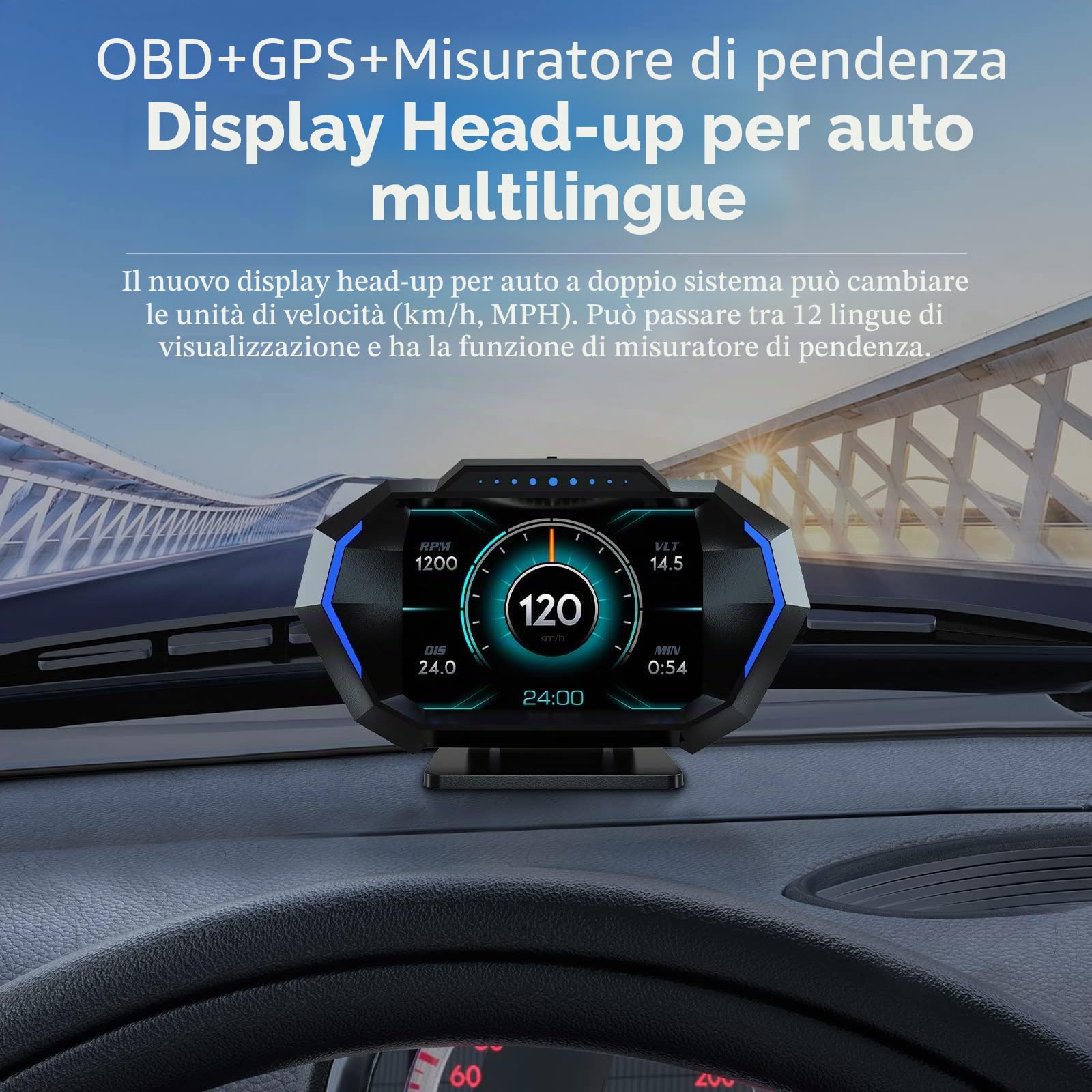 Display per auto, OBD2+GPS+modalità misuratore di pendenza, display multilingue, unità MPH e KM/H modificabili per tutte le auto
