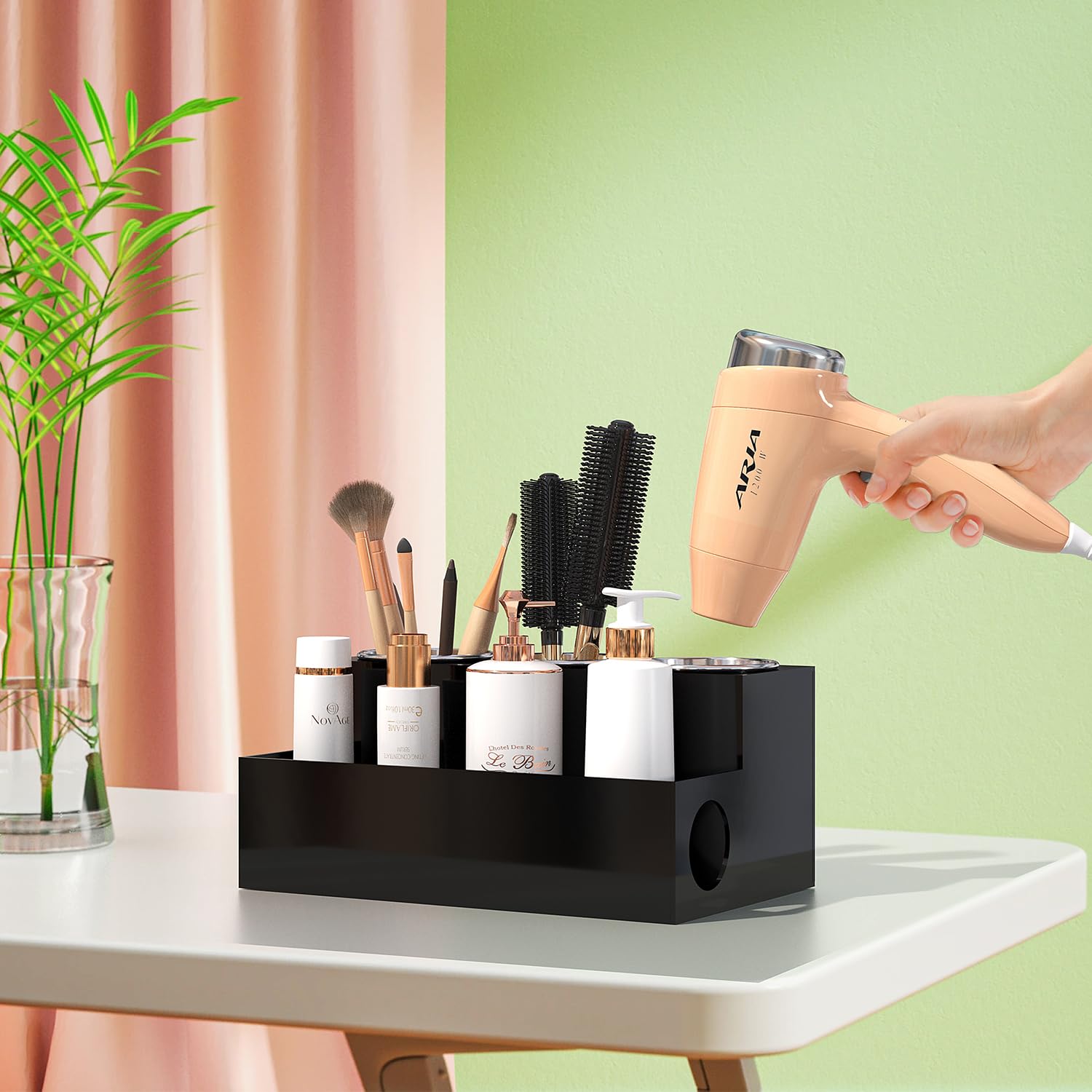 Organizador de herramientas para el cabello, soporte acrílico negro para secador de pelo con 3 tazas, soporte para secador de pelo, suministros de baño, soporte de almacenamiento para