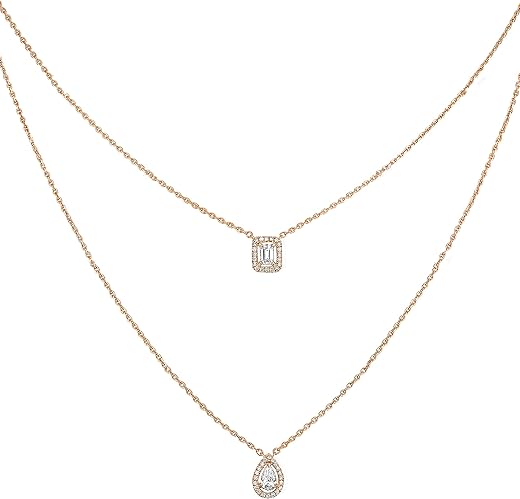 MINUTIAE Double Layered Chain Necklace With Pear Cut And Emerald Cut Diamond Crystals And Adjustable Chain for Women