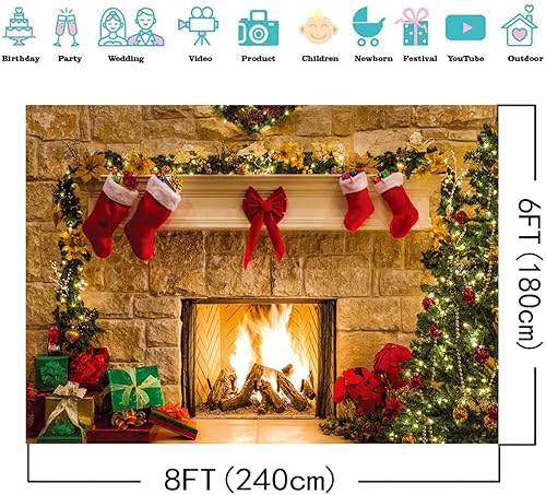 Miniatura 4 de Telón de fondo de fotografía de Navidad de 8 x 6 pies, decoración de chimenea, fondos de estudio, decoraciones de calcetines de árbol para