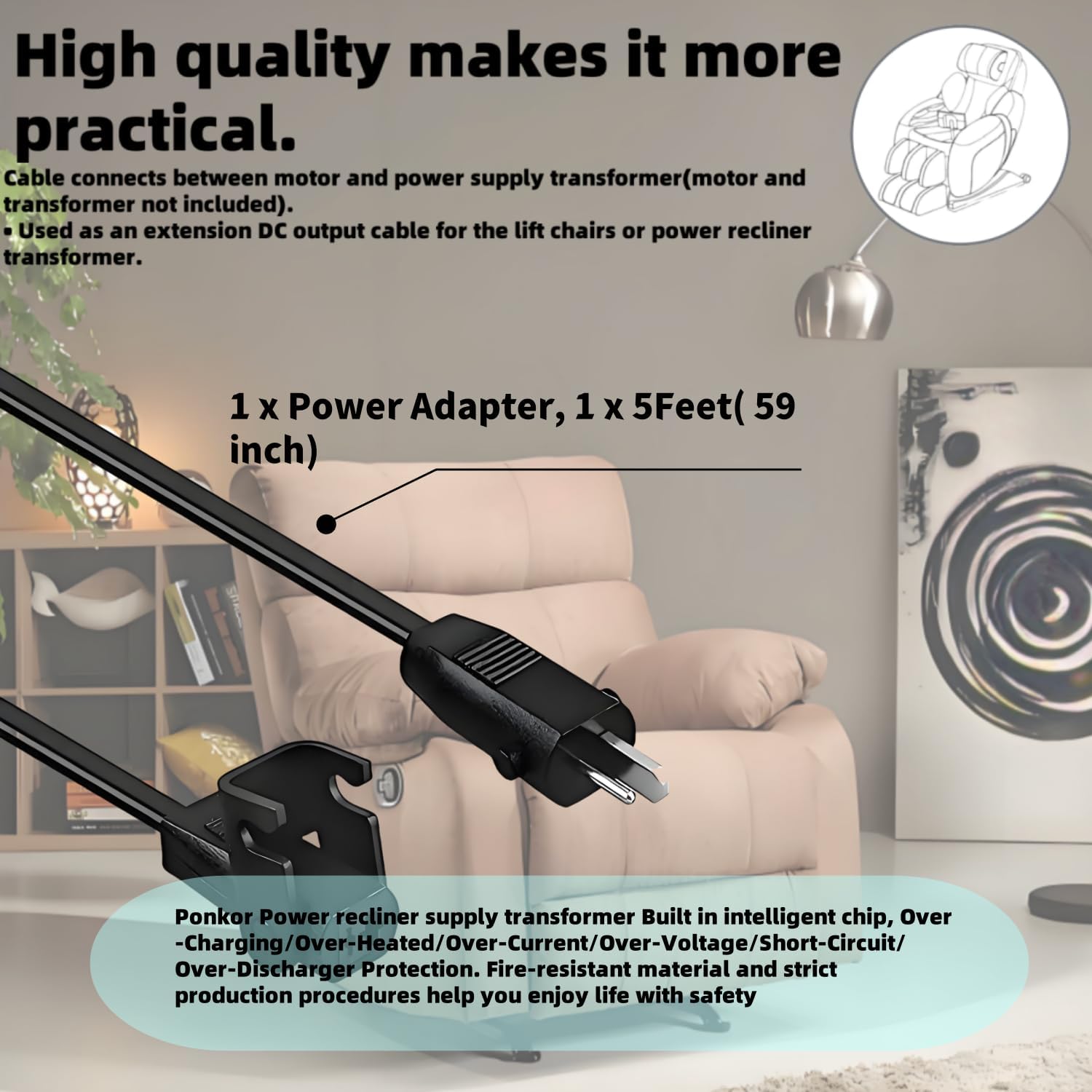 29V 2A AC/DC Switching Power Supply Adapter for Electric Recliners, Lift Chairs, Adjustable Beds, and Recliner Sofas - Compatible with Limoss, Okin, ZB-H290020A-C Models - 2-Pin Design