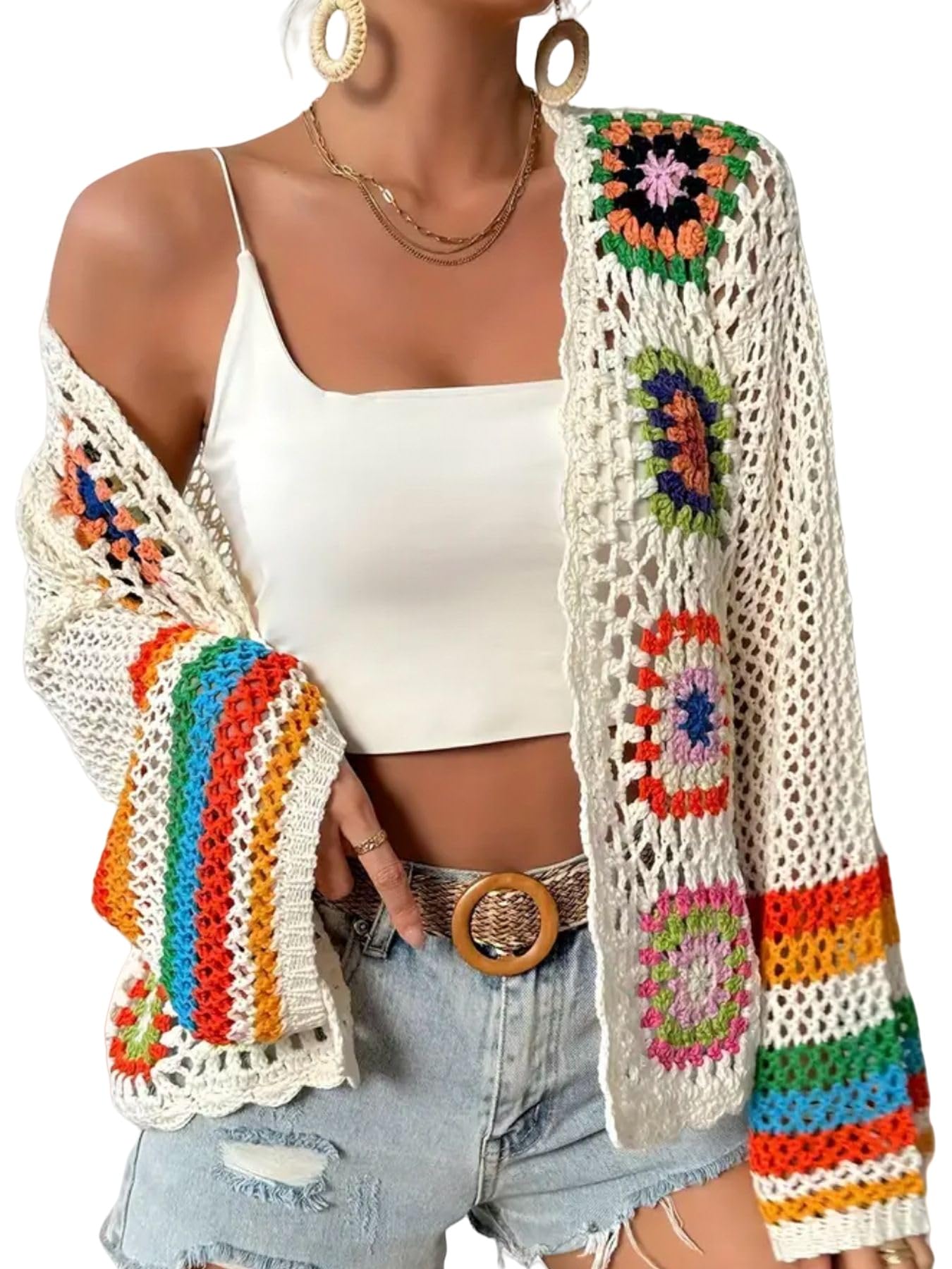 LIUYUYOUGO Women Flower Crochet Cardigan Handmade Hollowed Out Knitted Crop Cardigans Boho Square Floral Pattern Lightweight Coats Summer Flared Sleeves Shrugs Tops Cover Up Apricot L