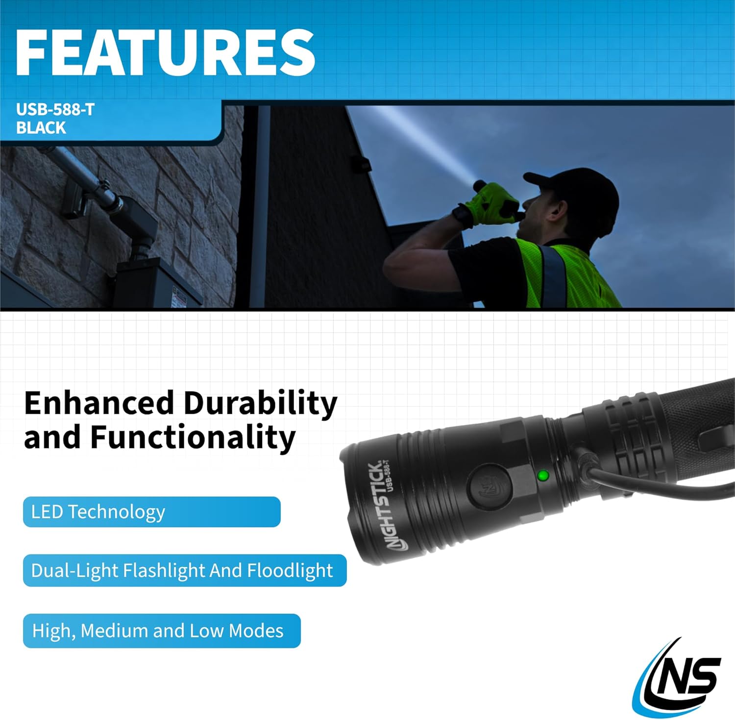 Nightstick USB-588-T Turbo High Candela Dual-Light Tactical Flashlight - White Spot – White Flood - Li-Ion - Black