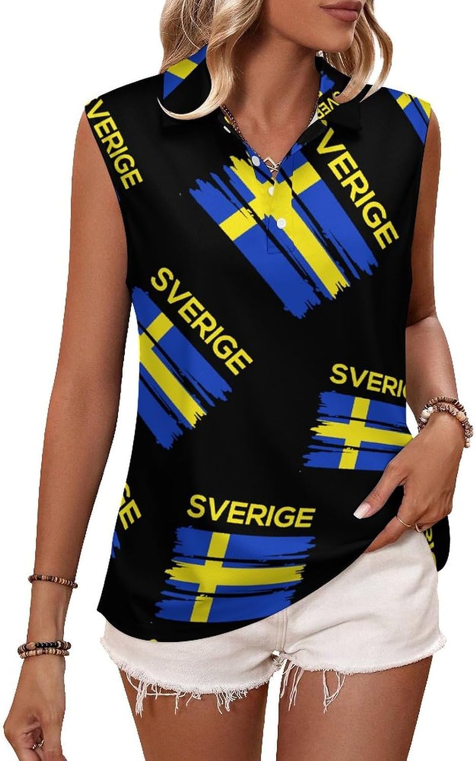 Sverige Sweden Swedish Flag Womens Golf Shirts Sleeveless Polo Shirts Collared Tank Tops