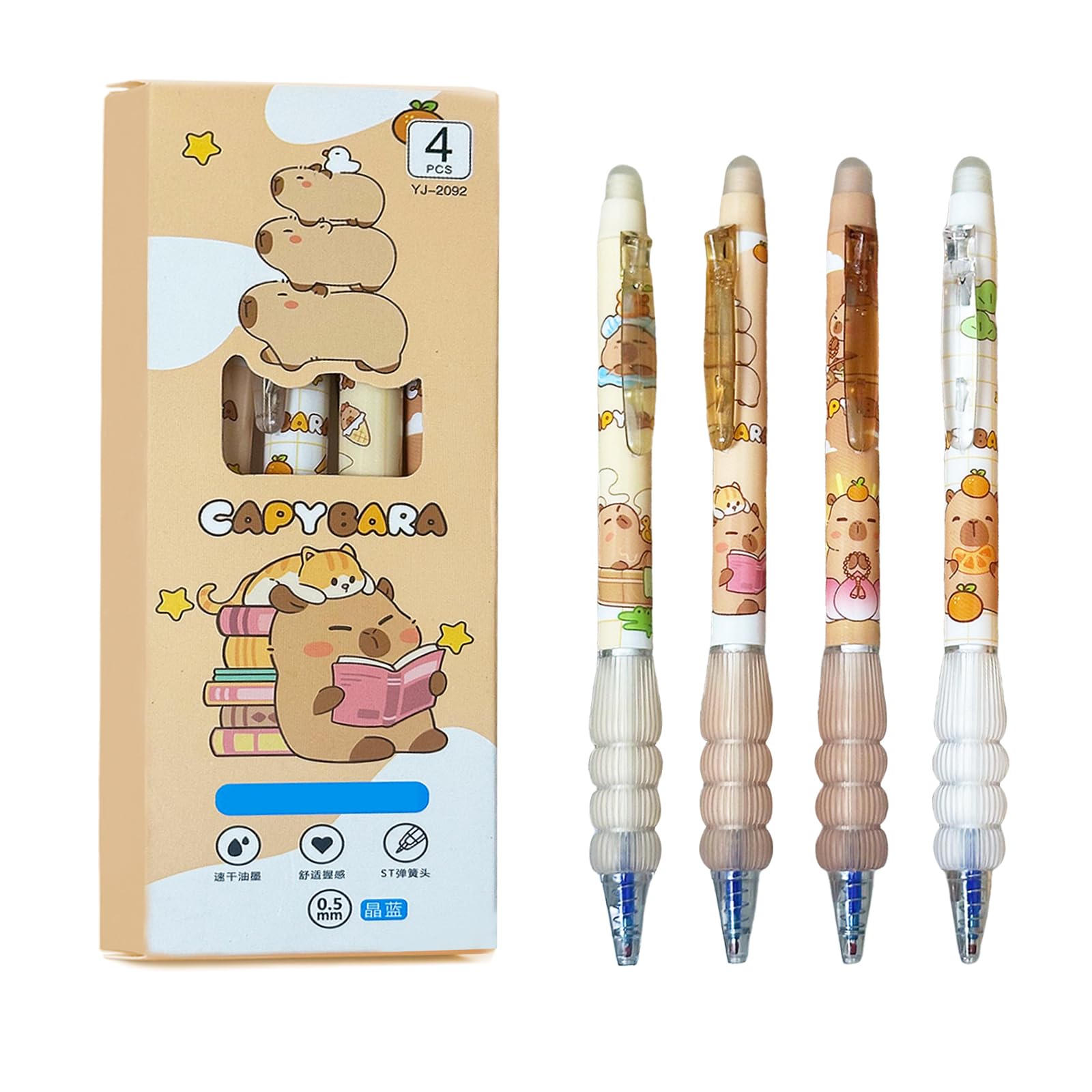 4 Penne Gel Cancellabili Capybara Carine – Punta 0,5 Mm, Inchiostro Nero, Con Gomma, Regalo Per Bambini E Studenti