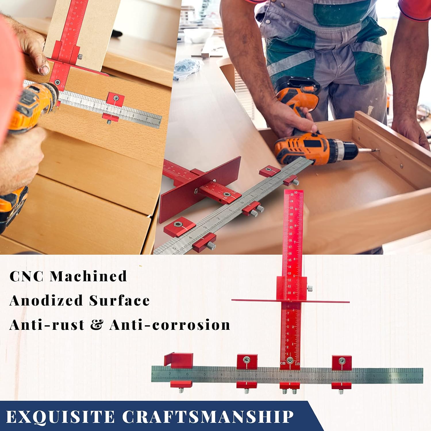 Cabinet Handle Jig, Hole Drilling Template for Pulls/Knobs/Handles Installation on Cabinet Door & Drawer, All Metal Tool for Drawers Front Hardware Mounting, with Φ5mm& Φ4mm Drill Guide