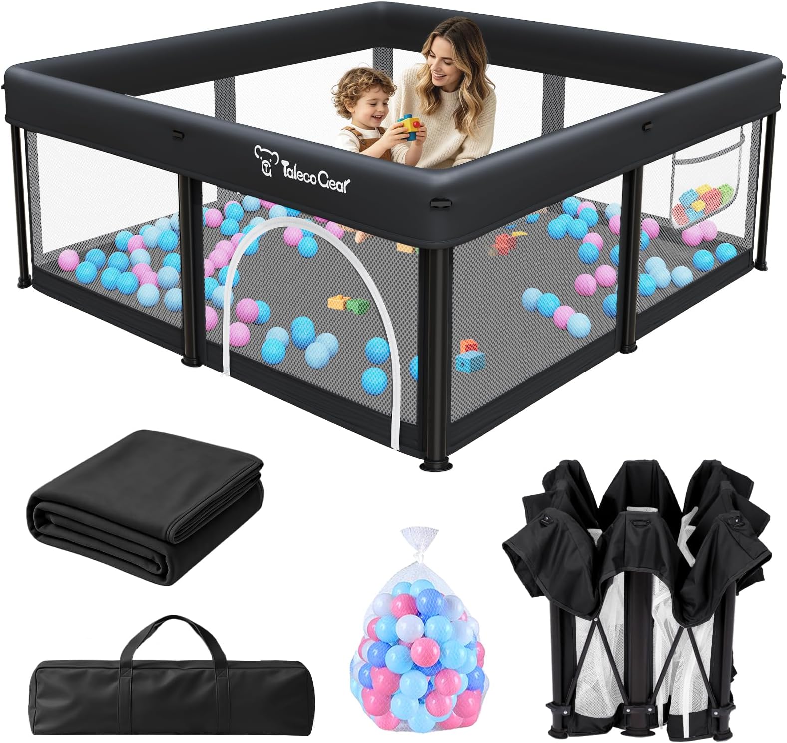 TOREVSIOR Foldable Baby Playpen with Mat, 50"ร50" Collapsible Play Pen for Babies and Toddlers, Indoor & Outdoor Kids Safety Play Pen, Portable Play Yard, Foldable Baby Playpen with 50 Ocean Balls