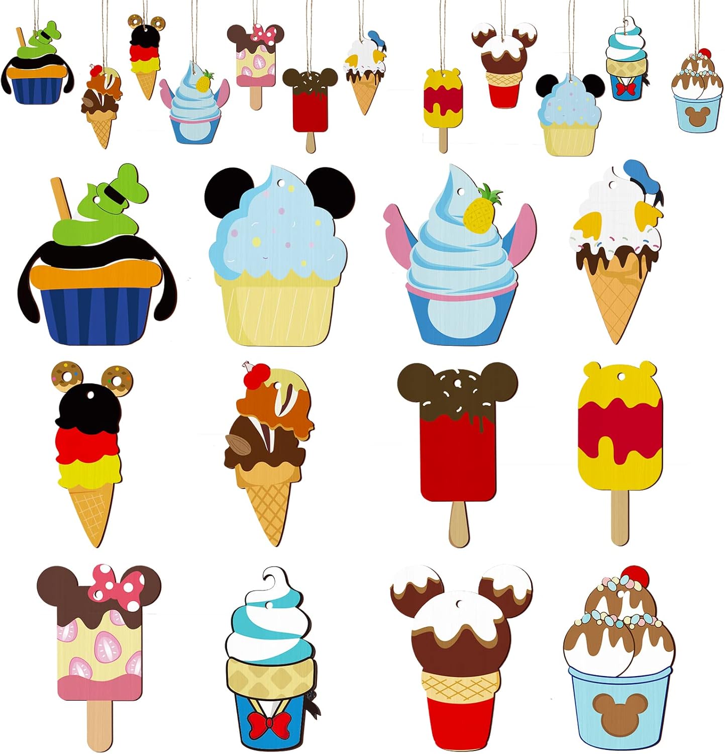 24 Pcs Mouse Wooden Hanging Ornaments,Mouse Tree Summer Decors Mini Dessert Ice Cream Wooden Ornaments Hanging Slices with Rope for Window Holiday Party Decor Valentine's Day