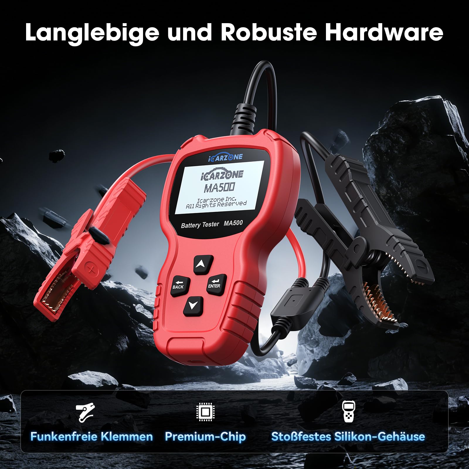 MA500 Auto Batterietester 12V/24V 100-2000CCA Spannungstester 9V - 30V Batterie Testgerät mit Entlade-, Start- und Ladetest für Auto, LKW, Motorrad, Boot, Wohnmobil, ATV, Yacht