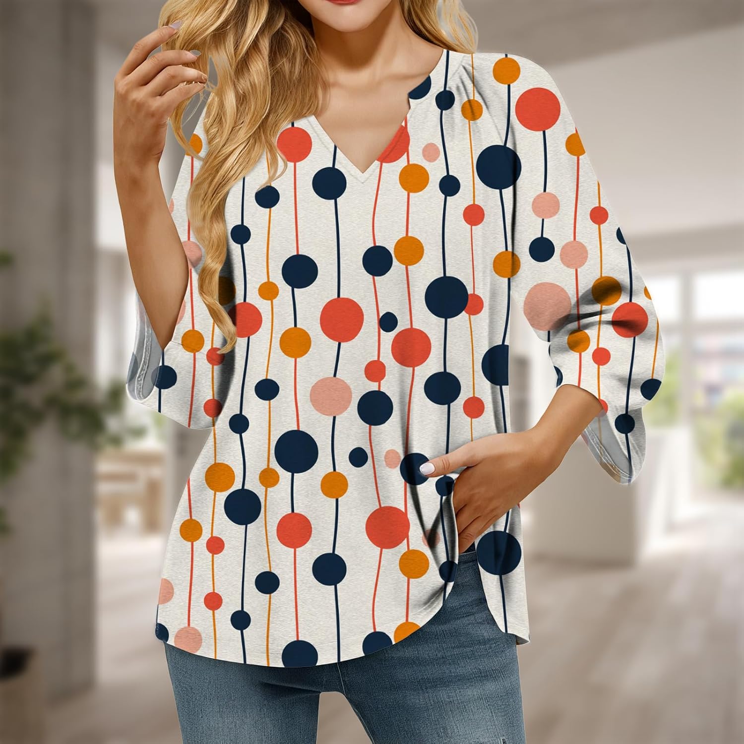 MARSVOVO Casual Tunic Tops for Women Loose Dressy 3/4 Sleeve V Neck Boho Shirts Travel Office Summer Top - Image 2