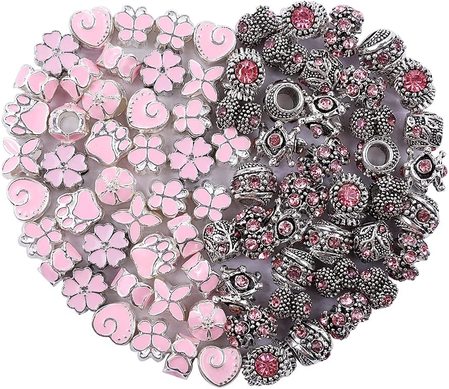 60 Pieces Assorted European Beads with Plating Silver Metal Alloy Rhinestone Large Hole Spacer Beads for DIY Charm Bracelet Jewelry Making (Pink)