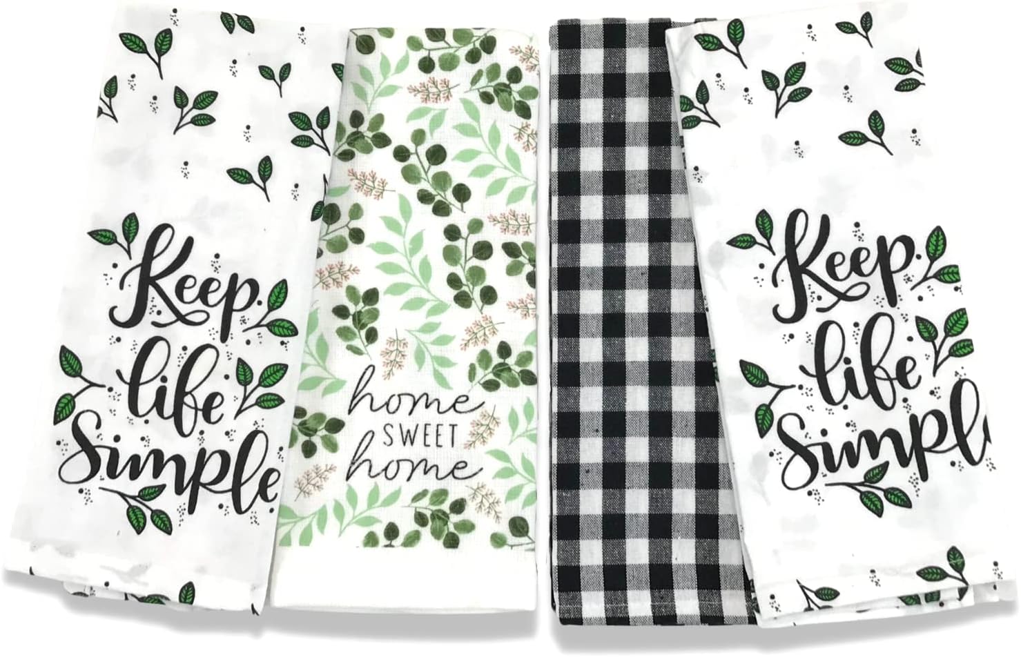 Fun Novelty Nature Kitchen Dish Towels: Keep Life Simple Everyday Herbs Plants Country Black Gingham, Set of 4 Assorted (Simple Life)