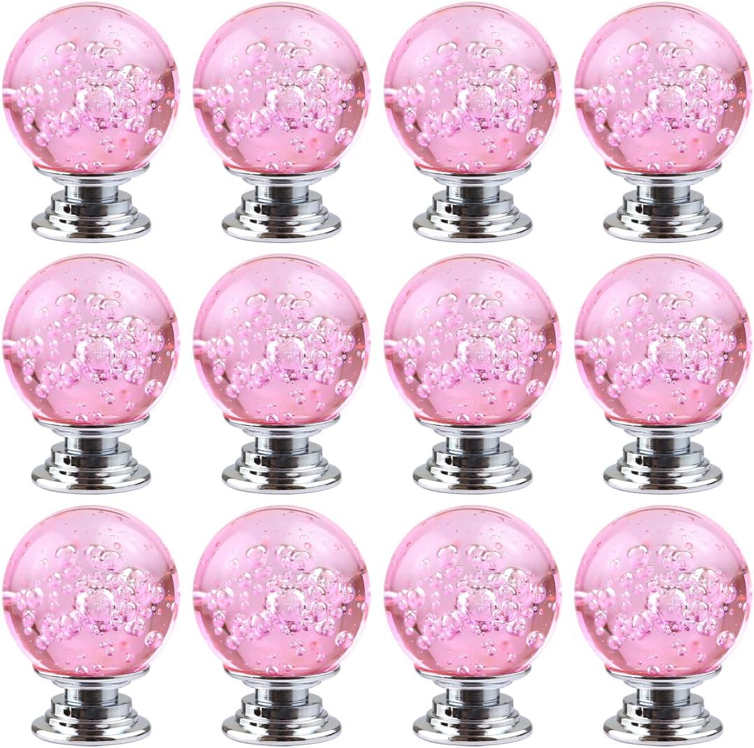 12 PCS Crystal Cabinet Knobs Round Glass Bubbles Knobs Smooth Drawer Pulls Handle for Home, Cabinet, Drawer and Dresser with 3 Different Size Screws, 30MM (Pink)