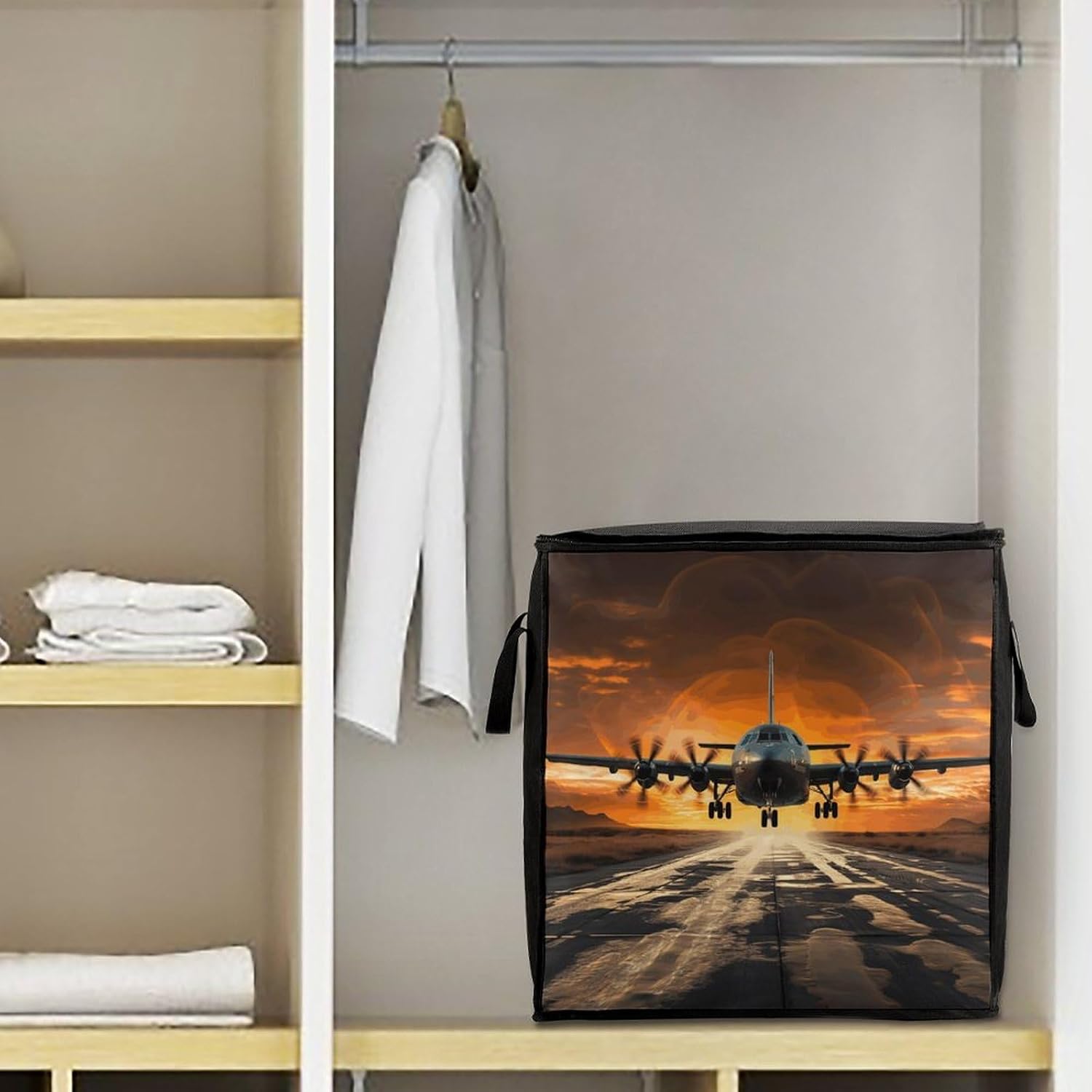 Military Plane Landing on Airforce Runways Against Beautiful Dusky Sky Storage Bag with Zippers And Handle Extra Large Bedding Comforter Storage Bag Foldable Blanket Storage Bags Fabric Moving Bags Fo