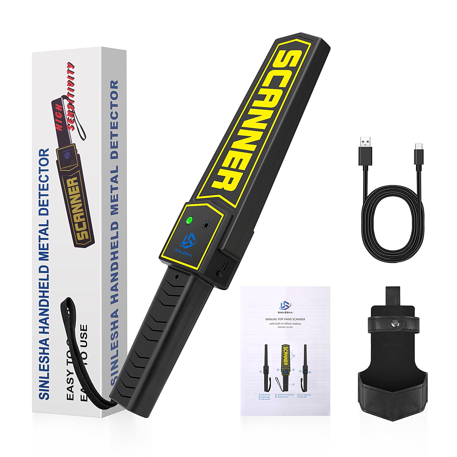 SINLESHA Handheld Metal Detector Wand Rechargeable, High-Sensitivity Security Detector, for Security Inspection, Detect Various Metal Objects, Nails, Weapons, Knives (with Built-in Battery)
