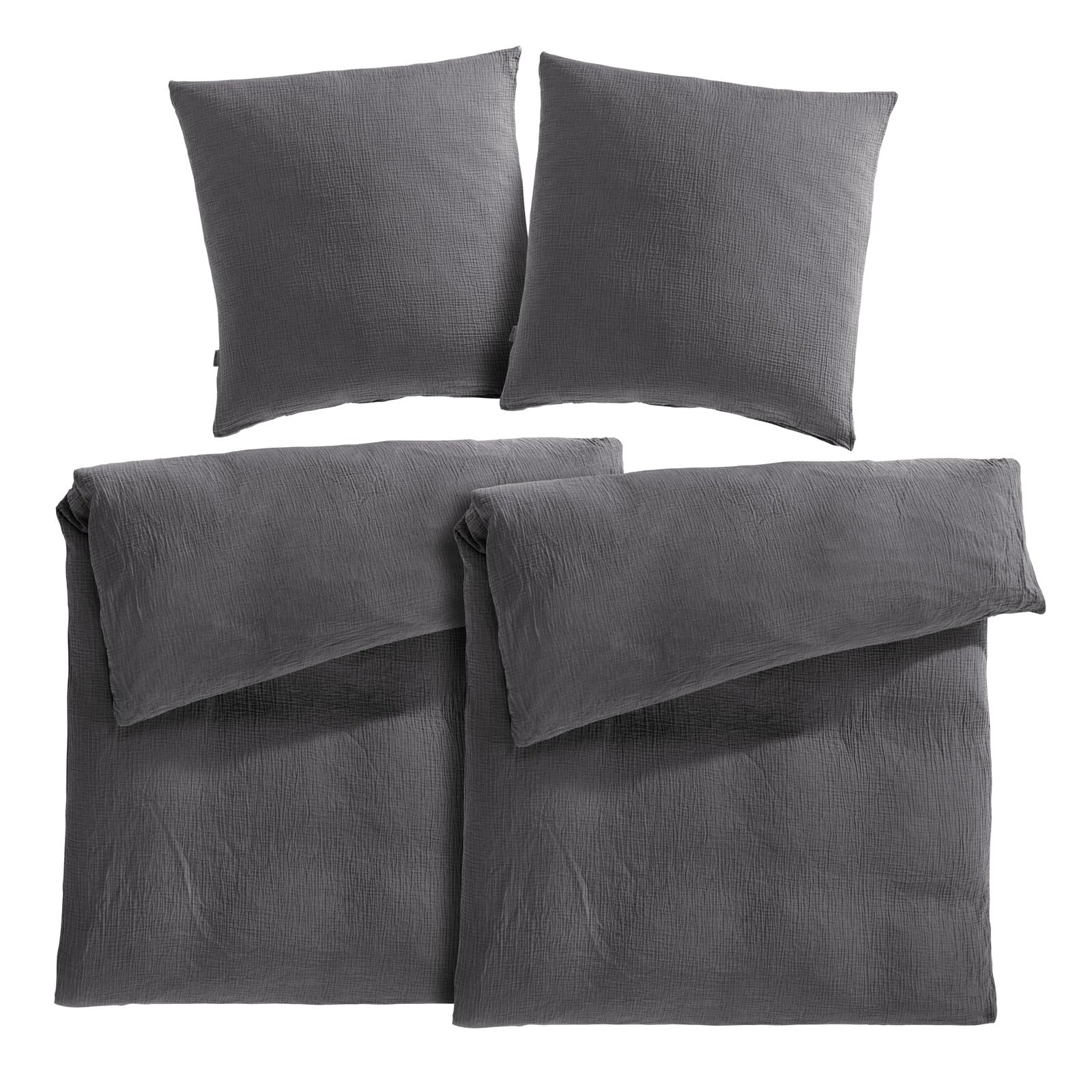 Pure Label Musselin Bettwäsche 135x200 4 teilig bestehend aus Bettbezug 135 x 200 cm 2er Set + Kissenbezug 80x80 cm 2er Set aus Baumwolle - Traumhaft kuschelige Bettwäsche-Sets in anthrazit