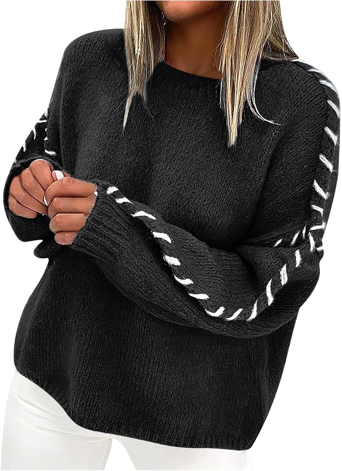 Sweaters for Women Fashion Solid Crewneck Sweater Loose Fit Long Sleeve Contrast Cable Knit Pullover Jumper Tops