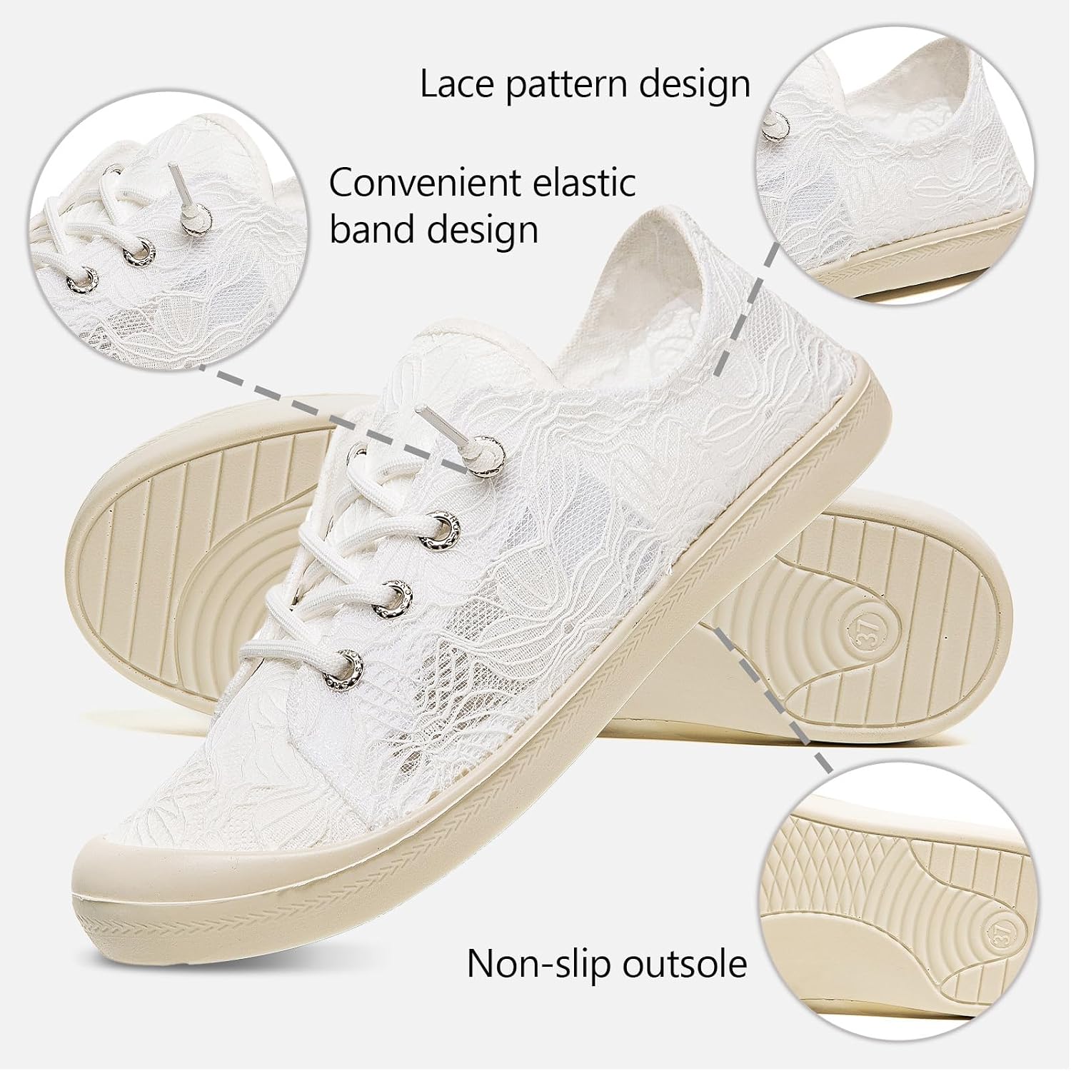 Lace Sneakers with Arch Support Insoles, Anti-Slip Rubber Outsole, Anti-Collision Toe, White