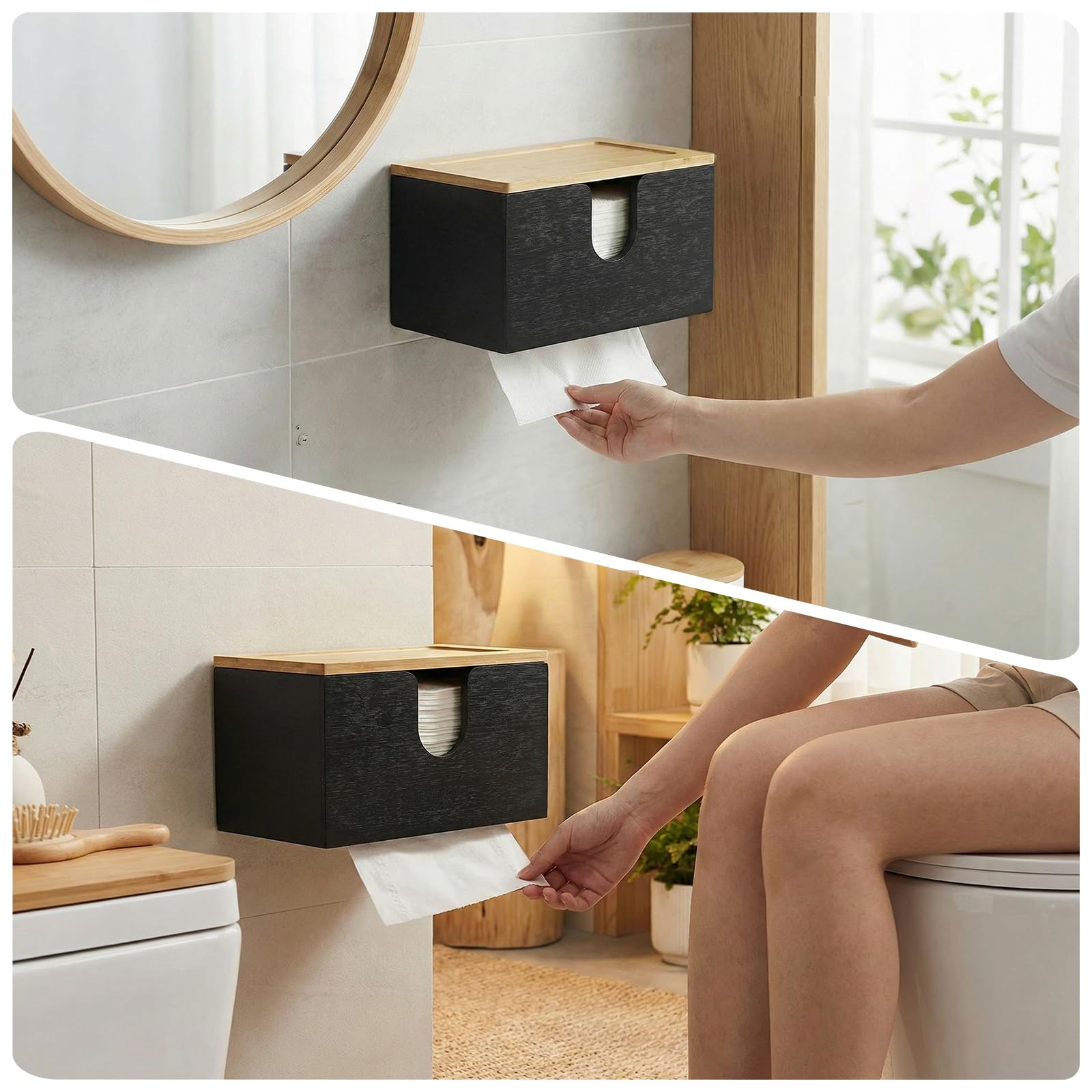Distributeur de Serviettes en Papier en Bambou - Support Mural ou de Table - 27,5 x 16 x 13 cm avec Couvercle magnétique - pour Pliées en V/C/Z, Cuisine, Salle De Bain, Noir