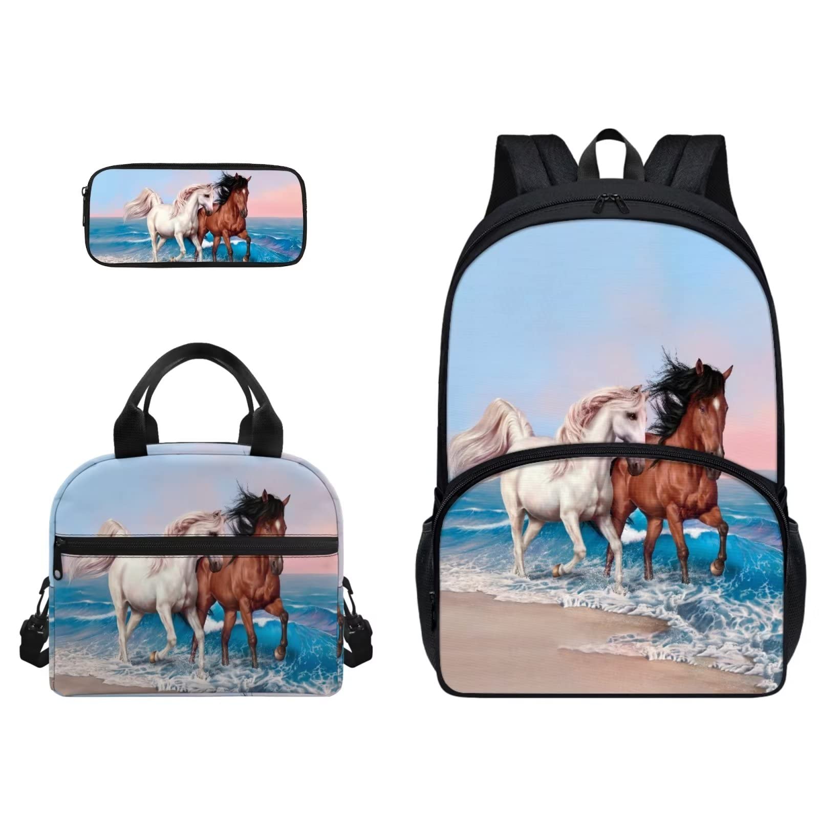 Poceacles Rucksack, 3-teiliges Set für Schulbücher, Lunchtasche und Stifteetui, für Kinder, Jungen, Mädchen, Rucksack, Laptoptasche, Pferd Meerwellen, Einheitsgröße