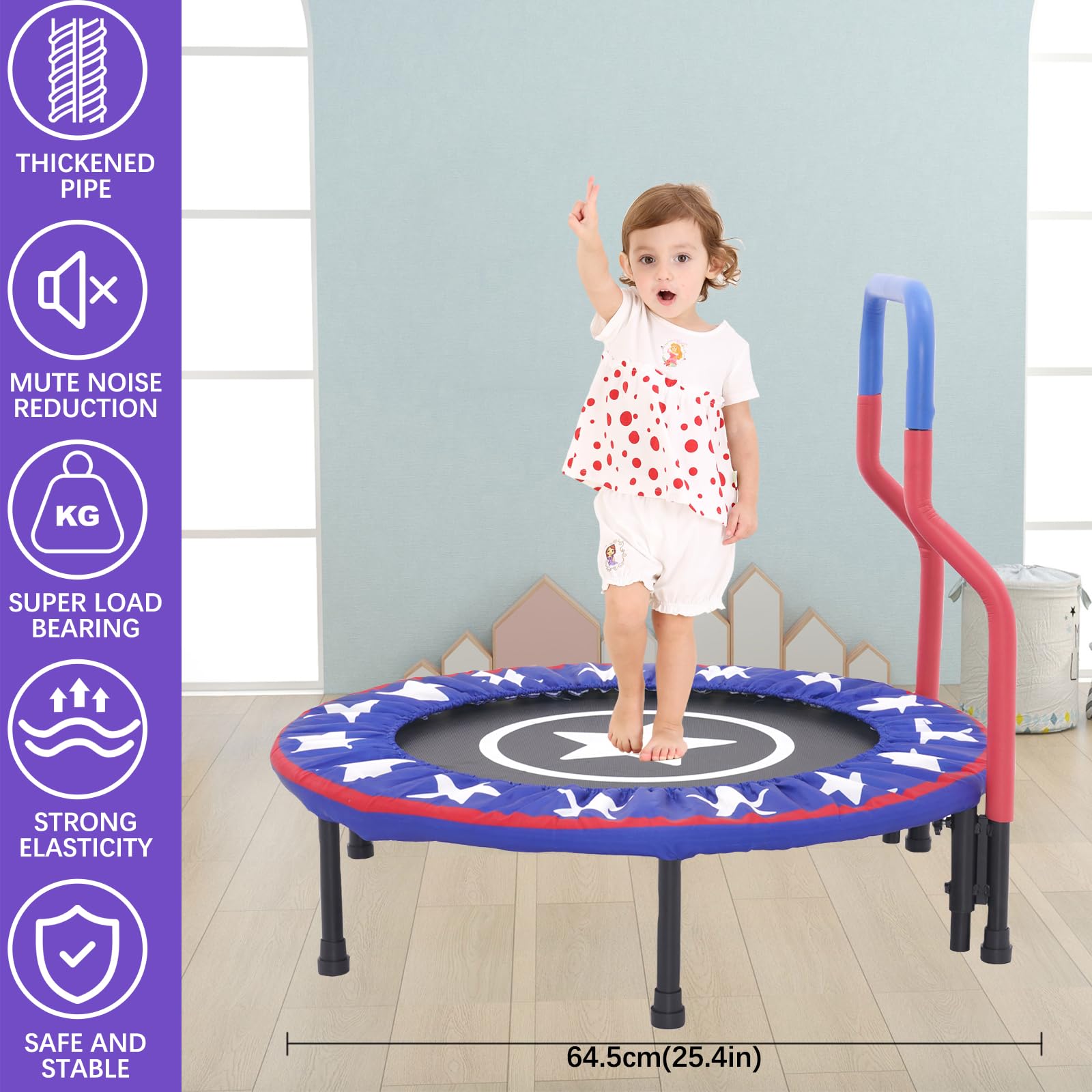Trampolina dla dzieci, do użytku wewnątrz i na zewnątrz, Ø 91 cm, mała, składana, bez siatki, prostokątna, do użytku wewnątrz i na zewnątrz, dla dzieci w wieku od 2, 3, 4 lat (niebieska)