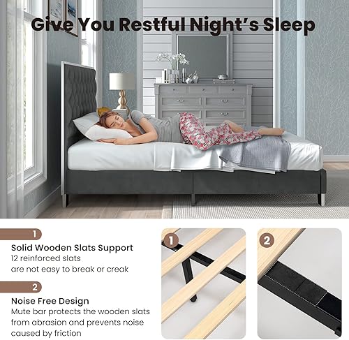 Miniatura 5 de Giantex Base de cama tapizada, plataforma moderna con cabecera de terciopelo capitoné con botones, marco de cama tamaño matrimonial, base de colchón