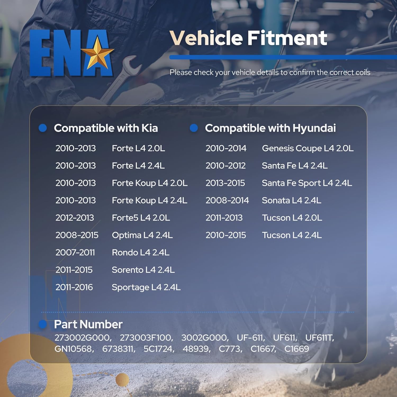 ENA Ignition Coil Pack UF611 Compatible with Hyundai Kia Tucson Santa Fe Sonata Sportage Forte Sorento 2008 2009 2010 2011 2012 2013 2014 2015 2016 2.0L 2.4L L4 Coils Set of 4 Replacement for GN10568