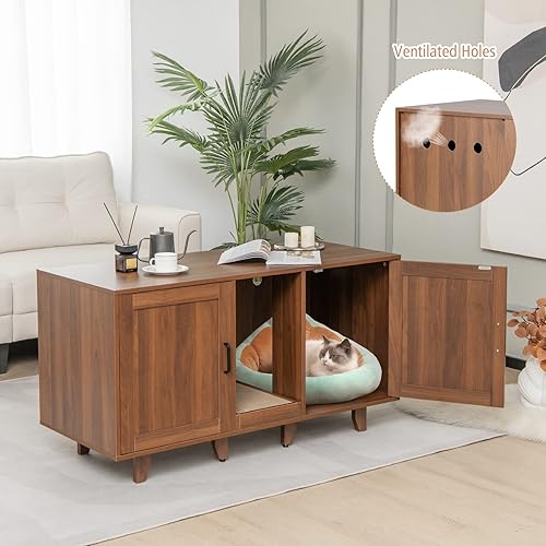 Miniatura 2 de PETSITE Caja de arena para 2 cajas de arena, mesa auxiliar oculta para baño de gatos con 2 gabinetes, tabla de rascar, muebles de arena para gatos