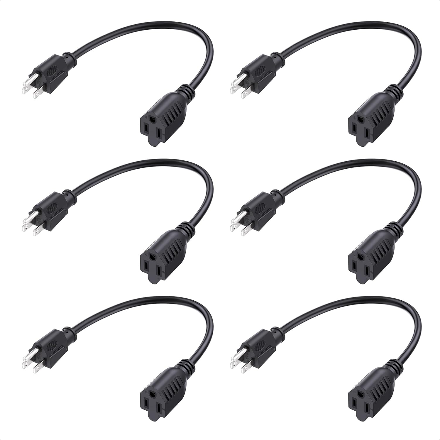 [ETL Listed] Cable Matters 6-Pack 16 AWG Heavy Duty 13A Short Power Extension Cord - 1ft, 3 Prong Power Cord Extension, NEMA 5-15P to NEMA 5-15R, Black