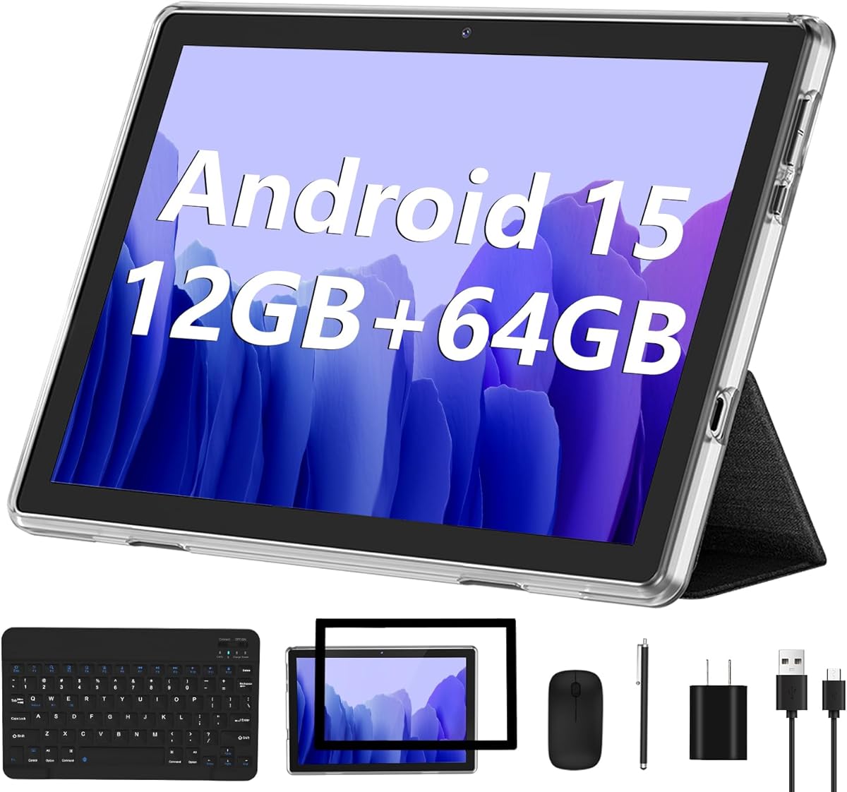 Amazon.com : Android 15 Tablet 2025 New 10 Inch Tablets with 12GB RAM + 64GB ROM +1TB Expanded Ouad-Core,2 in 1 Tableta with Keyboard Mouse WiFi 6 Bluetooth,GMS Certified IPS Touch Screen Tablet - Silvery Set : Electronics