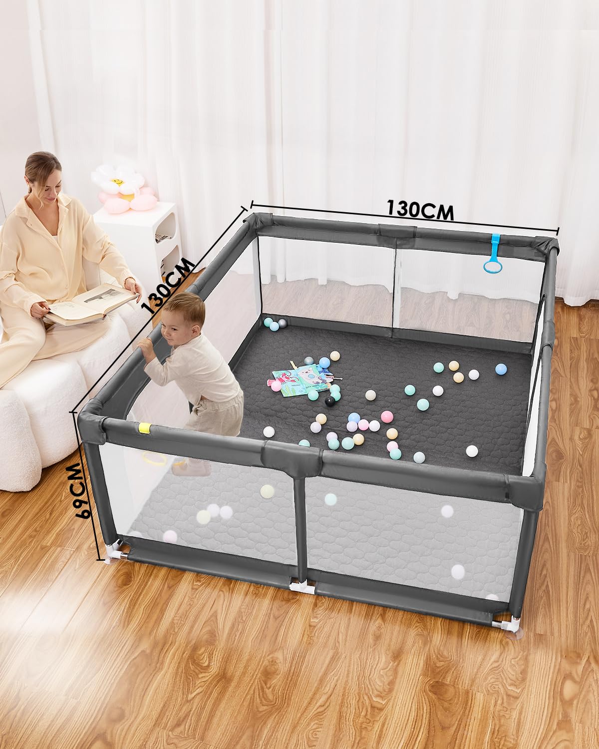 Box per bambini con tappetino morbido, extra large, area giochi sicura per interni ed esterni, con base antiscivolo, facile da montare e riporre, senza BPA (130 x 130 x 66 cm, grigio)