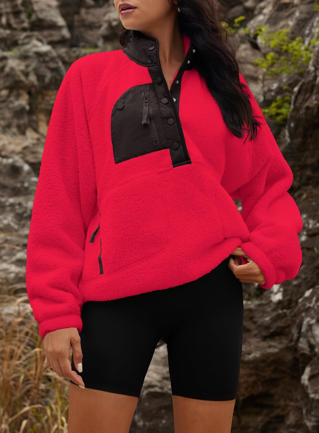 Yanekop Womens Fuzzy Fleece Pullover Sherpa Sweatshirt Long Sleeve Button Down Sweater Winter Fleece Jacket with Pockets - Image 3