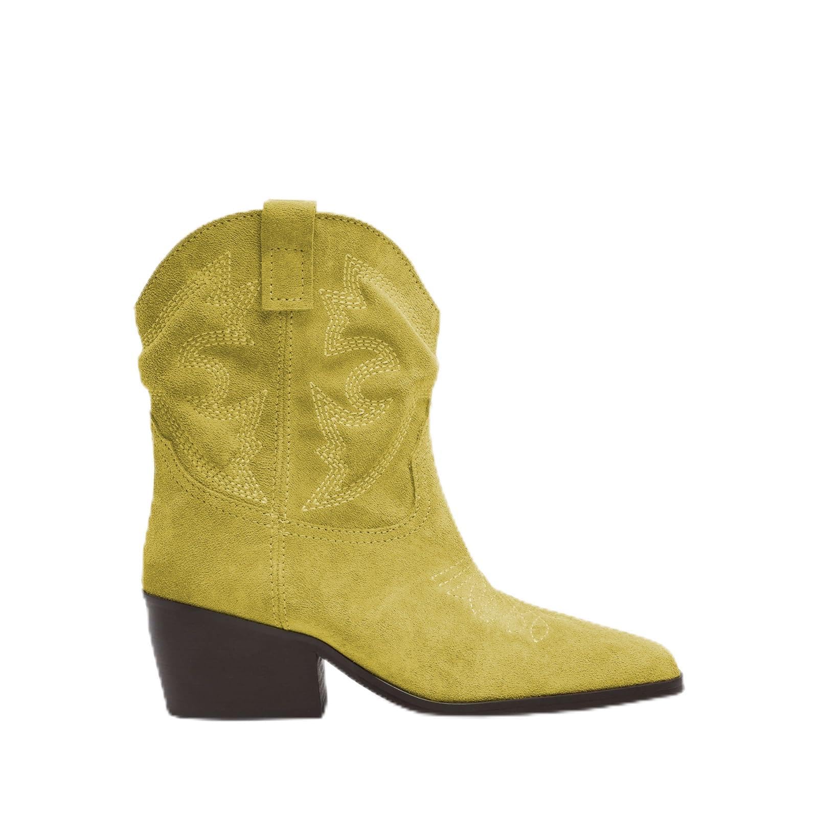 Womens Western Suede Embroidered Cowboy Ankle Boots Pointed Toe Chunky Heel Vintage Short Boots with Casual Party Dress