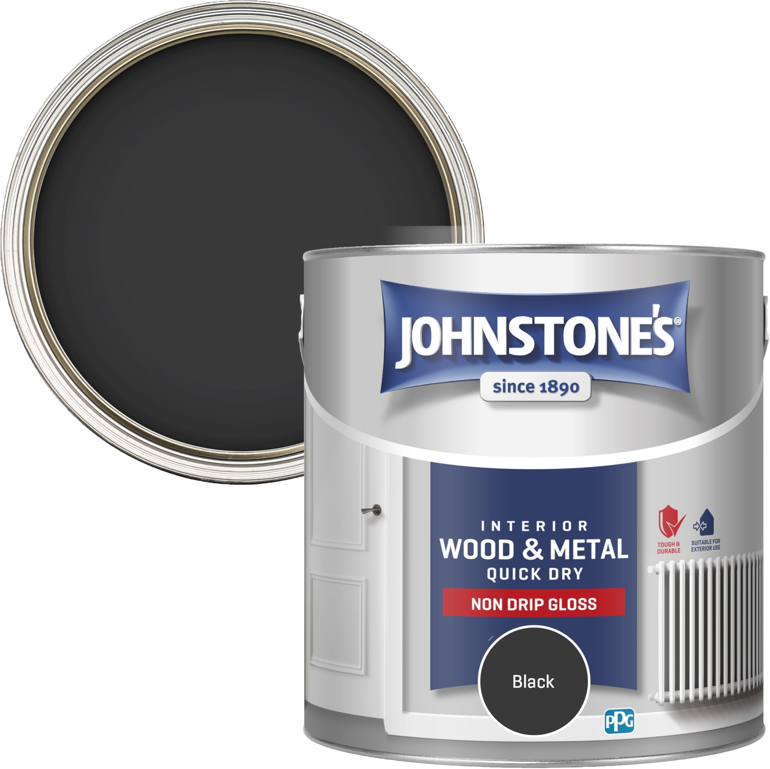 Johnstone's - Wood & Metal Paint - Gloss Finish - Black - 2.5l - Water Based - Non Drip & Quick Drying - Radiator Paint - Low Odour - Dry in 1-2 Hours - 8m2 Coverage per Litre