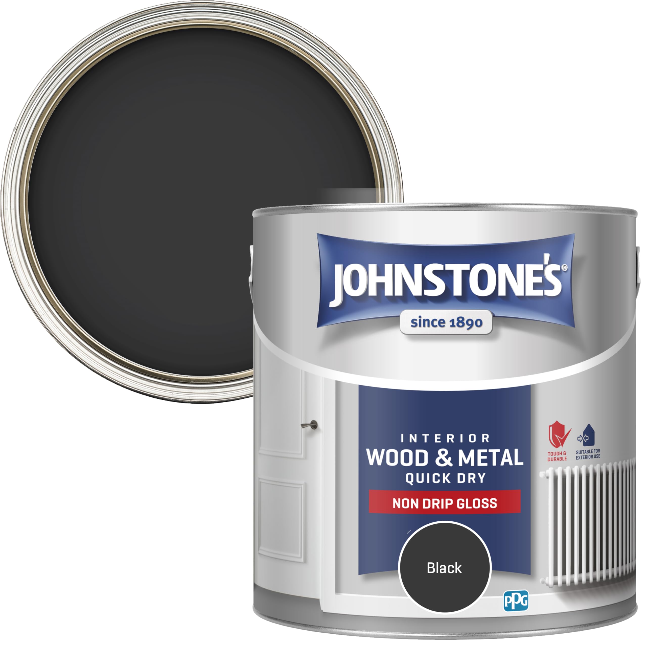 Johnstone's - Wood & Metal Paint - Gloss Finish - Black - 2.5l - Water Based - Non Drip & Quick Drying - Radiator Paint - Low Odour - Dry in 1-2 Hours - 8m2 Coverage per Litre