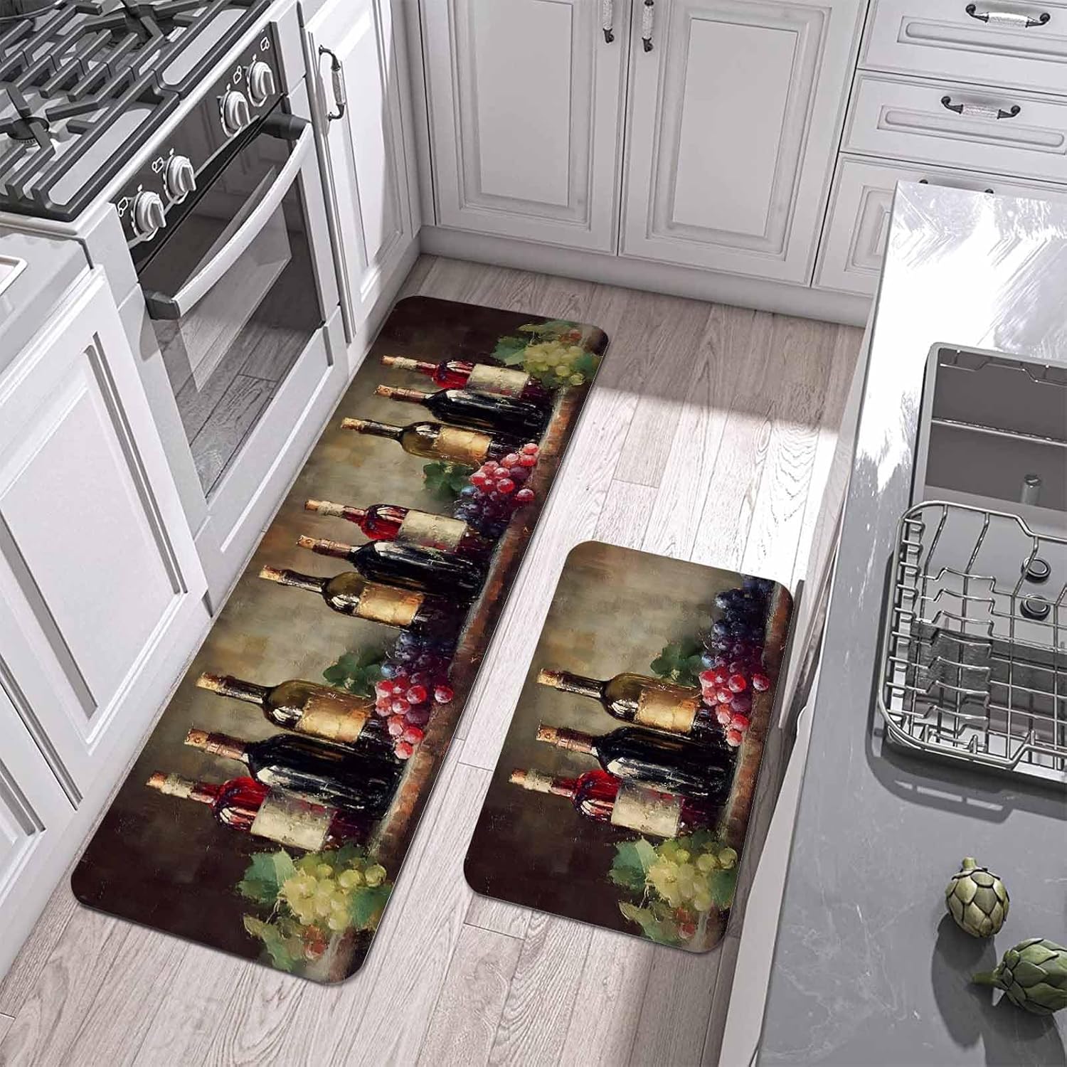 Wine Fruit Kitchen Mat Set 2 Pieces Green Purple Grape Oil Painting Pastoral Country Non Slip Kitchen Rugs Washable Runner Rug Mats for Floor Sink Laundry Office 23.6" x 35.4"+23.6" x 70.9"