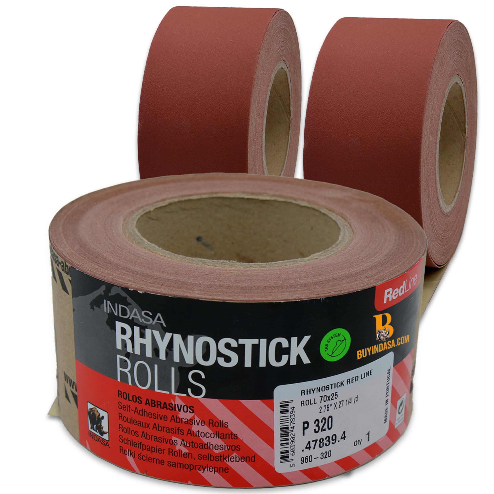 Indasa 2.75" PSA Sandpaper Roll - Rhynostick 80-Grit 27 Yard Long Continuous Roll, Self-Adhesive Stickyback Sand Paper for Woodworking, Automotive,