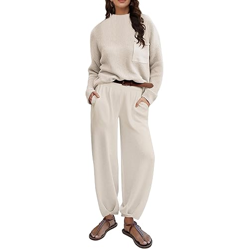Women's Two Piece Knit Outfits Long Sleeves Sweater Tops Wide Leg Pants Casual Tracksuit Lounge Sets