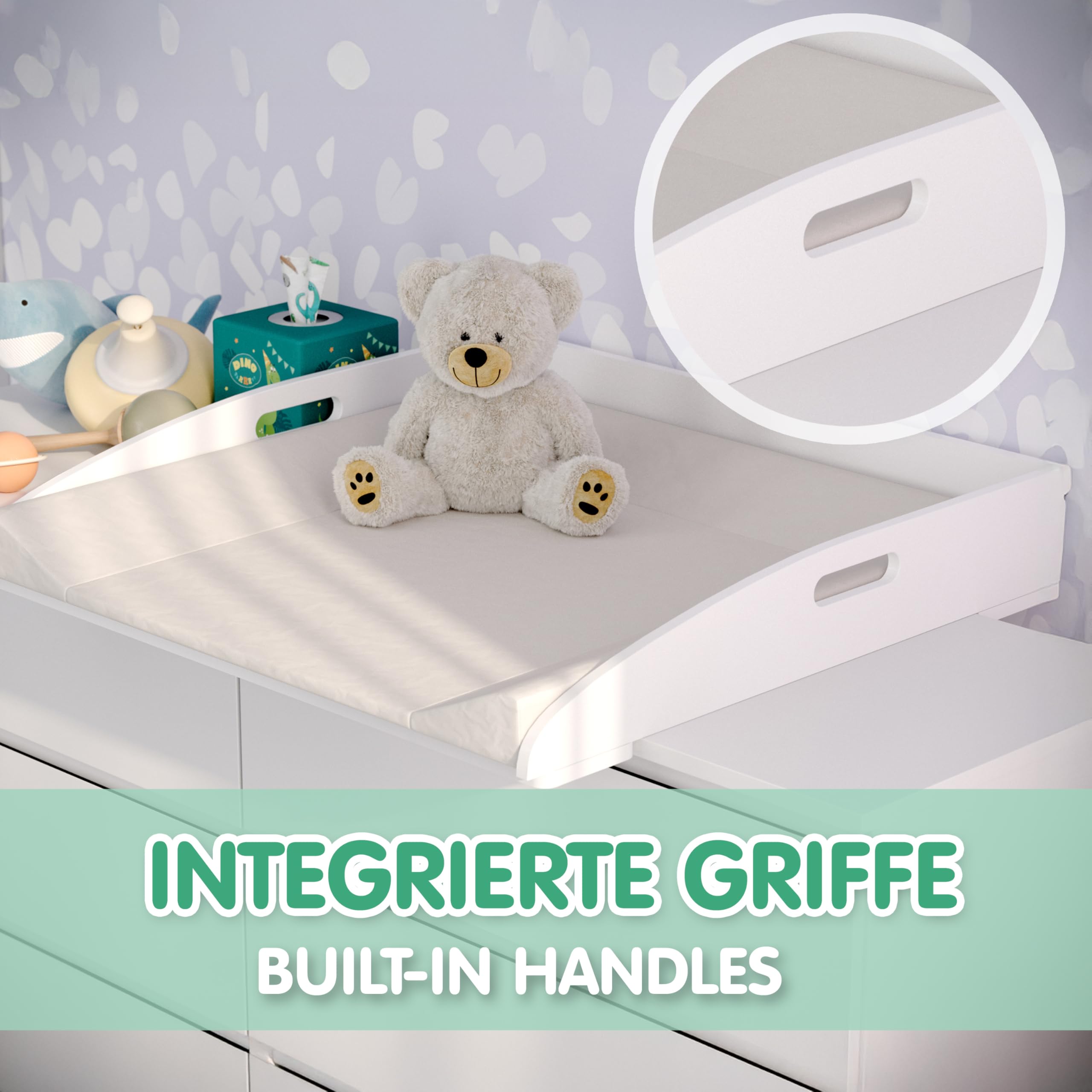 CADANI Wickelaufsatz ILA – Verstellbarer Universal Wickeltisch-Aufsatz kompatibel mit IKEA Kommoden Malm, Hemnes, Nordli – 77×76×12 cm, Weiß mit Kippschutz & Sicherer Befestigung für Wickelkommoden