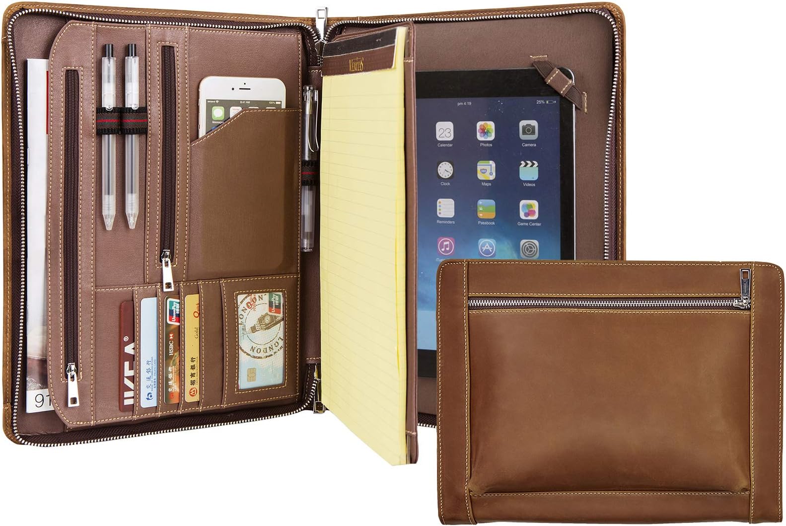 Handmade Vintage Genuine Leather Portfolio,A4 Conference Folder, Padfolio Case for iPad 9.7(2018/2017)/iPad Pro 9.7/iPad Air 2/iPad Air, Business Organiser Zipped for Men & Women, Brown