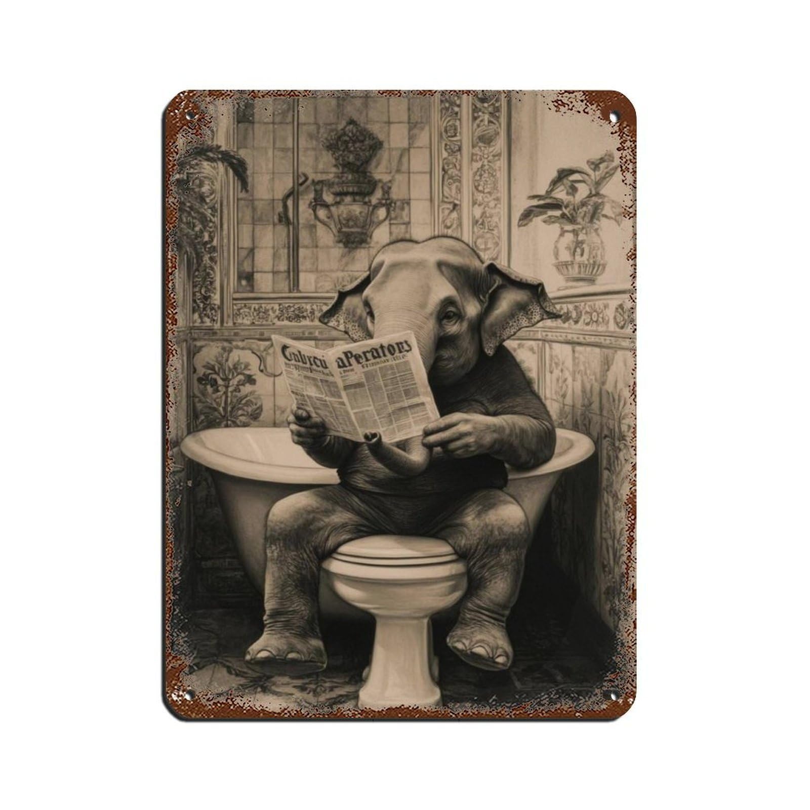Quirky Elephant, Elephant in Bathroom Tin Sign Vintage Metal Pub Club Cafe Bar Home Wall Art Decoration Poster Retro 12x16inch(30x40cm)