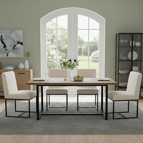 CIMOTA Modern Linen Dining Chair Set of 4, Mid Century Dining Room Chairs Fabric Upholstered Armless Side Chair with Black Sled Base for Dining Room, White Cream 4PCS