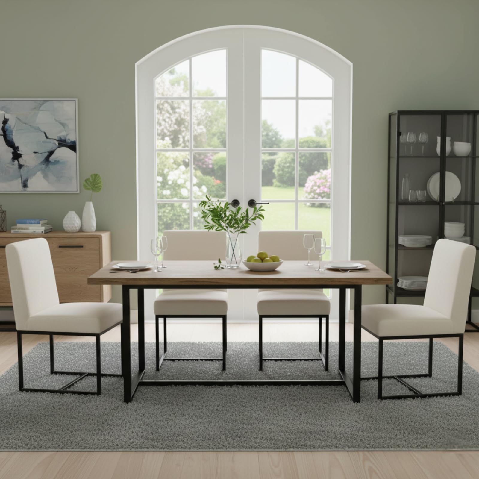 CIMOTA Modern Linen Dining Chair Set of 4, Mid Century Dining Room Chairs Fabric Upholstered Armless Side Chair with Black Sled Base for Dining Room,