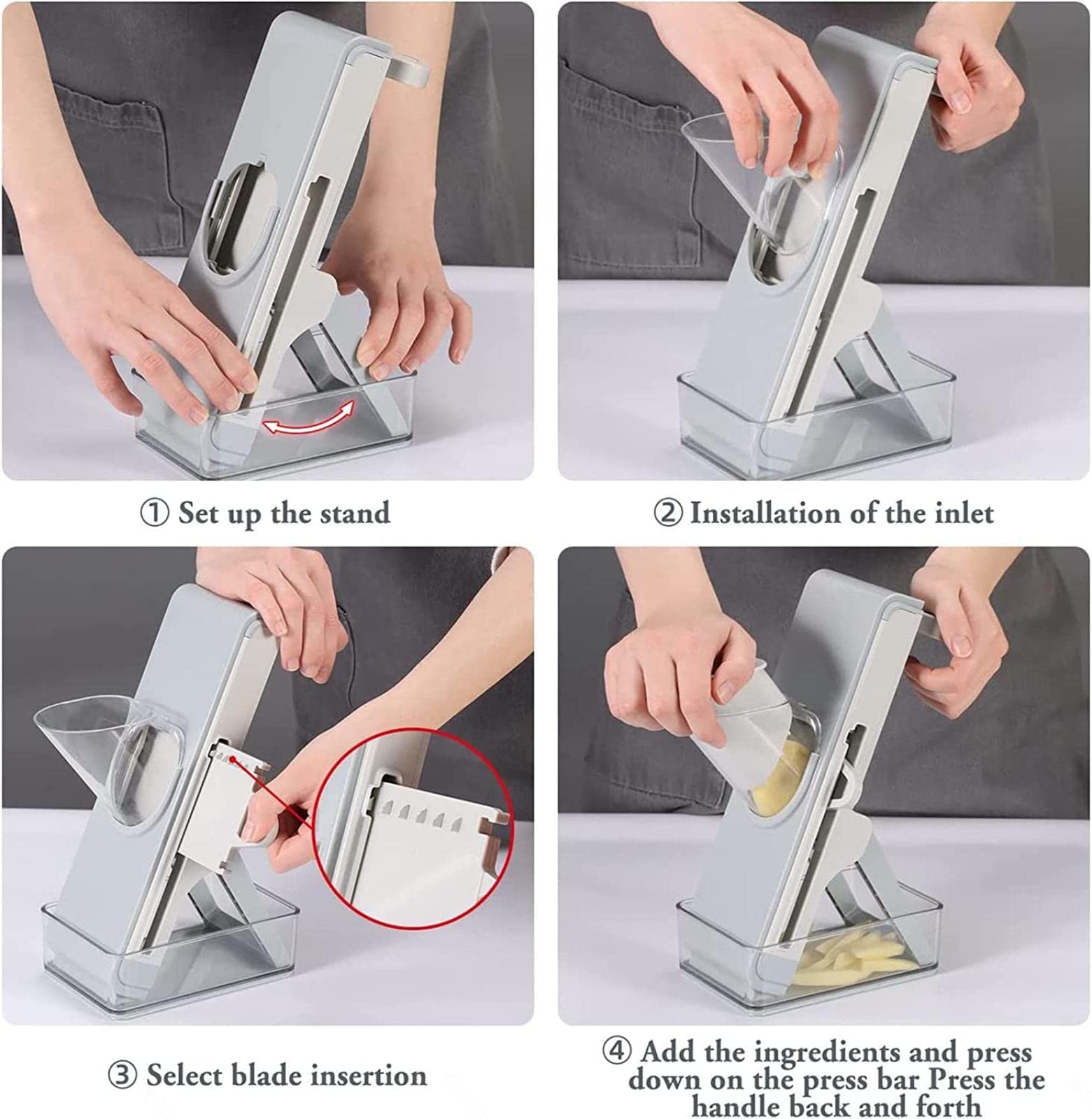 Affettatrice Mandolina Sicura per Cucina, Tritaverdure 4 in 1 Strisce Affettatrici Alimentari Regolabili Julienne Dicer Gadget Verticale per Patate, Cipolle, Cetrioli, Carote, Carne,B