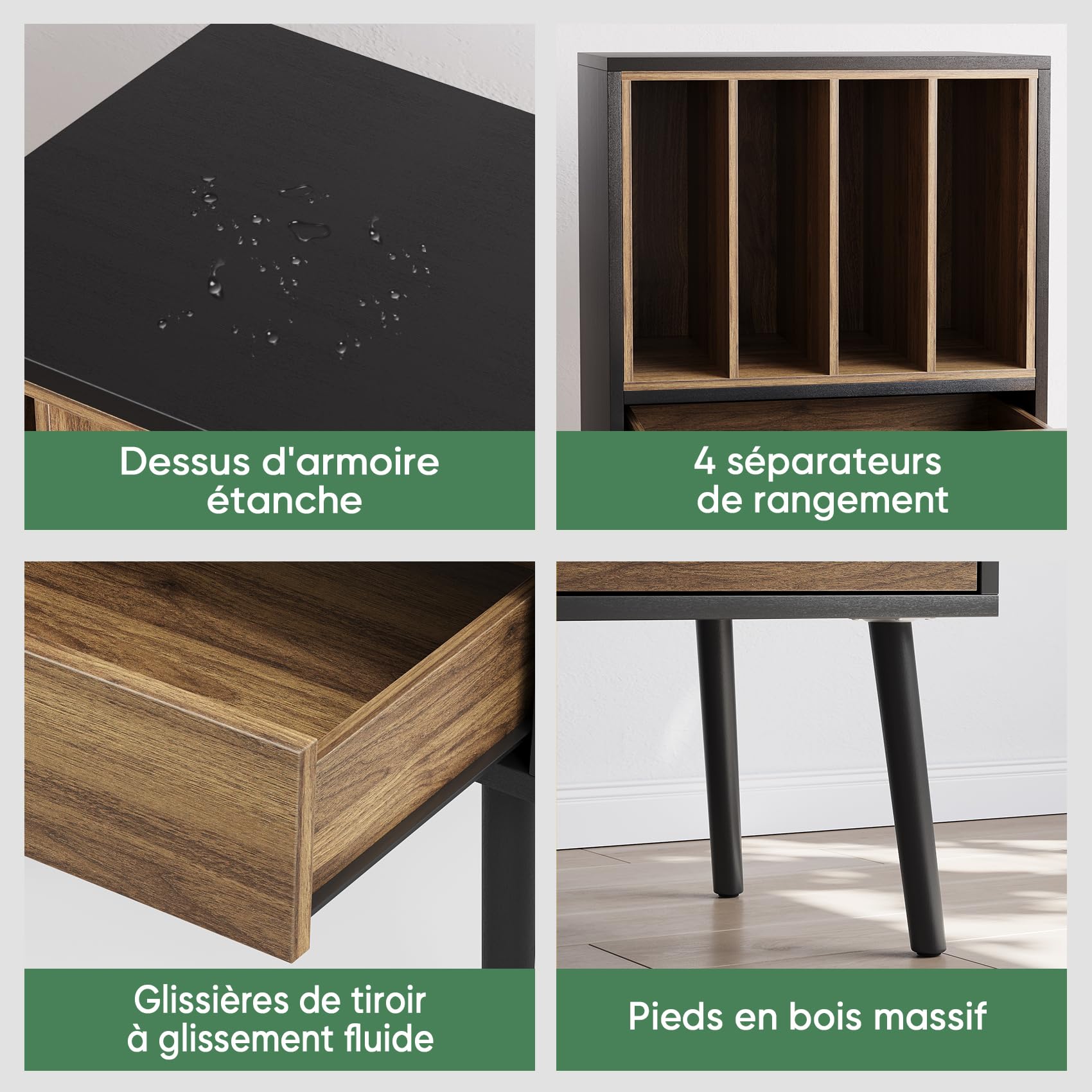 Kiasthome Support de tourne-disque noir avec caisse de rangement et tiroir, table d'appoint pour tourne-disque vinyle avec pieds en bois massif, pour salon, chambre à coucher