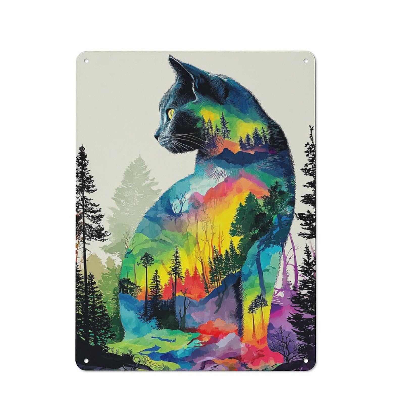 Junmoney Rainbow Cat Forest Artwork Tin Sign 40X30cm For Workshop Wall, Retro Wall Decor, Suited To Metal Sign Collectors